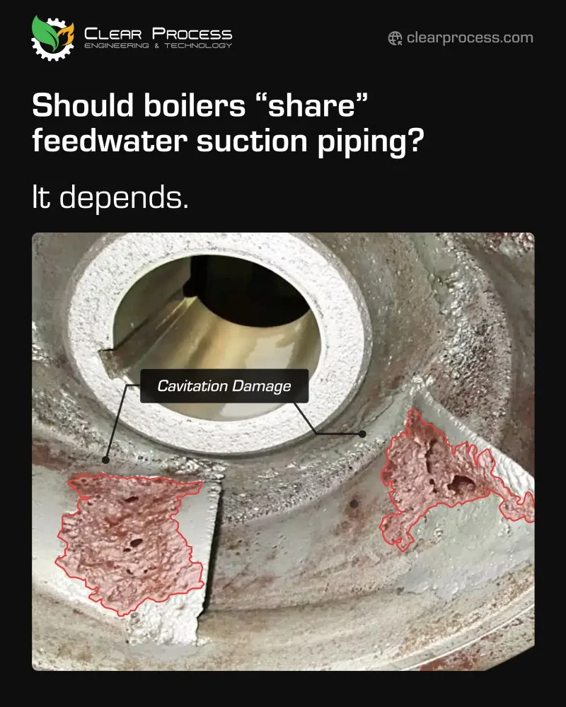 Imagem da CPE ilustrando danos por cavitação dentro de uma bomba e levantando a questão do compartilhamento da tubulação de sucção das bombas de água de alimentação de caldeiras.