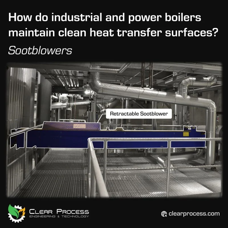 Retractable sootblower positioned alongside boiler equipment, with the cleaning assembly highlighted.