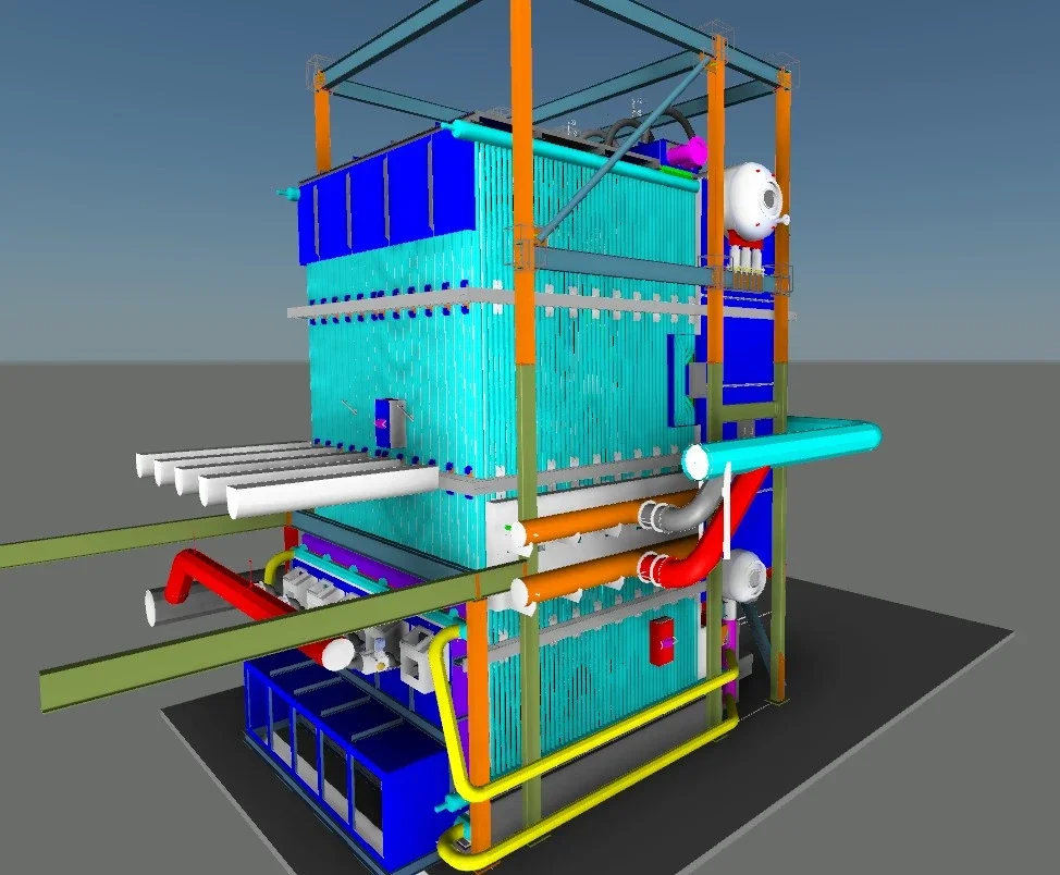3D model of the modified boiler showing furnace walls, drums, piping, and support steel.