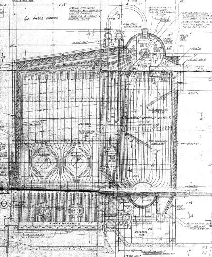 Original manufacturer's elevation drawing showing the boiler drums, tube banks, and furnace arrangement.