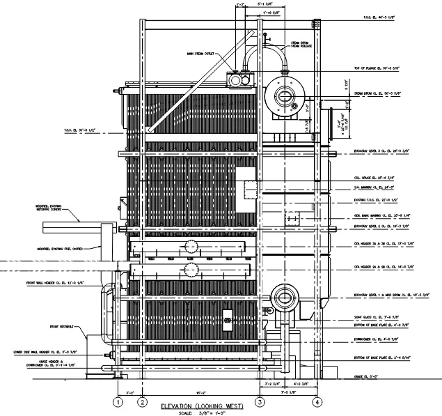 Elevation drawing of the modified boiler showing drums, tube banks, grate, and supporting structure.